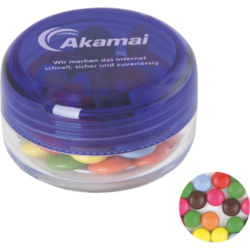 Kunststof rond potje gekleurd deksel met ca. 12 gr. choco carletties TAMPONDRUK